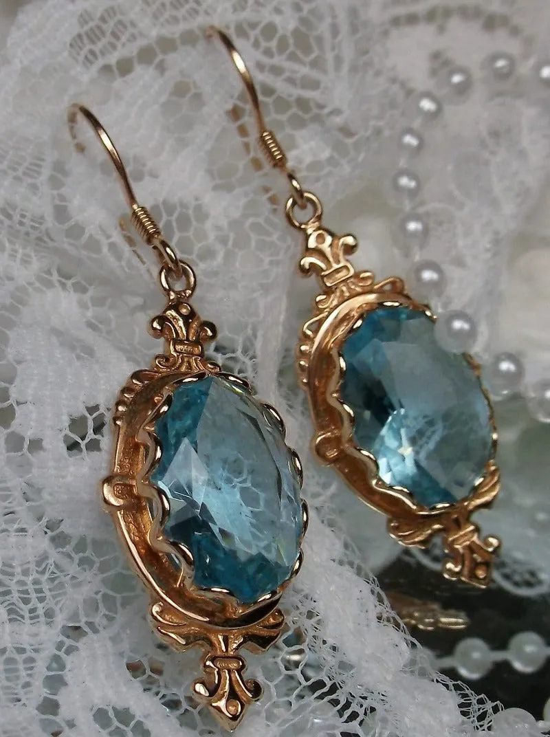 Aquamarine Sky Blue Pin Earrings, Rose Gold plated or Sterling Silver, Stylish Victorian Jewelry Design#E18