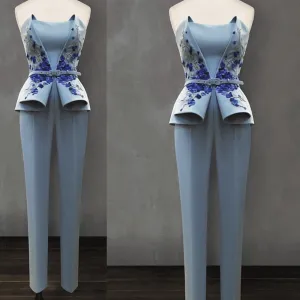 blue jumpsuits for weddings 2020 embroidery appliqué elegant strapless pants for women