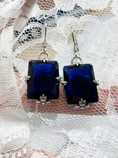 Blue Sapphire Earrings, GL Earrings, Art Deco Sterling Silver Filigree, Vintage Jewelry #E15.