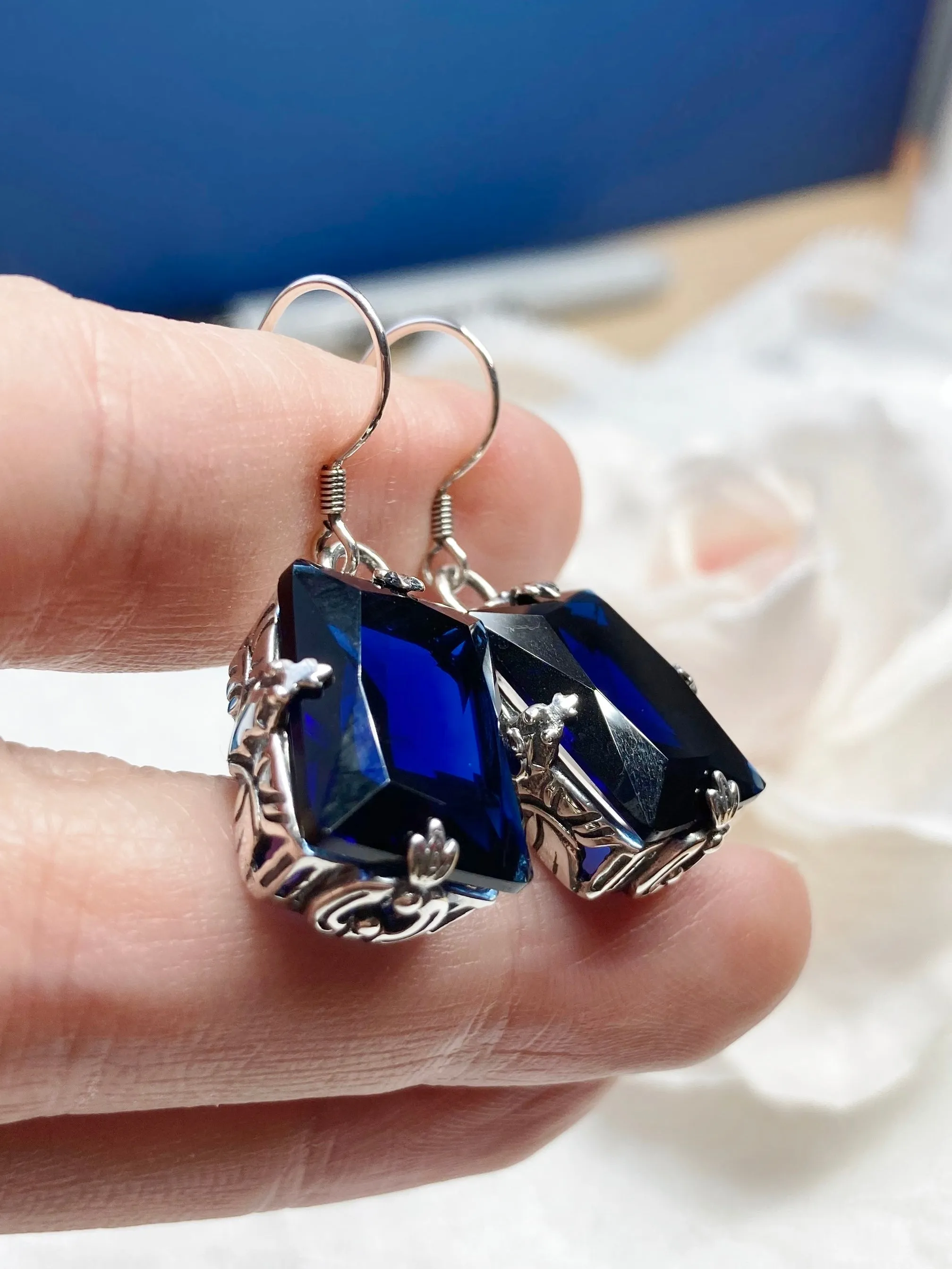 Blue Sapphire Earrings, GL Earrings, Art Deco Sterling Silver Filigree, Vintage Jewelry #E15.