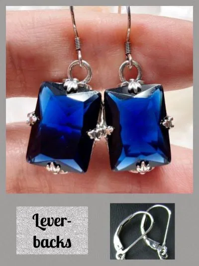 Blue Sapphire Earrings, GL Earrings, Art Deco Sterling Silver Filigree, Vintage Jewelry #E15.