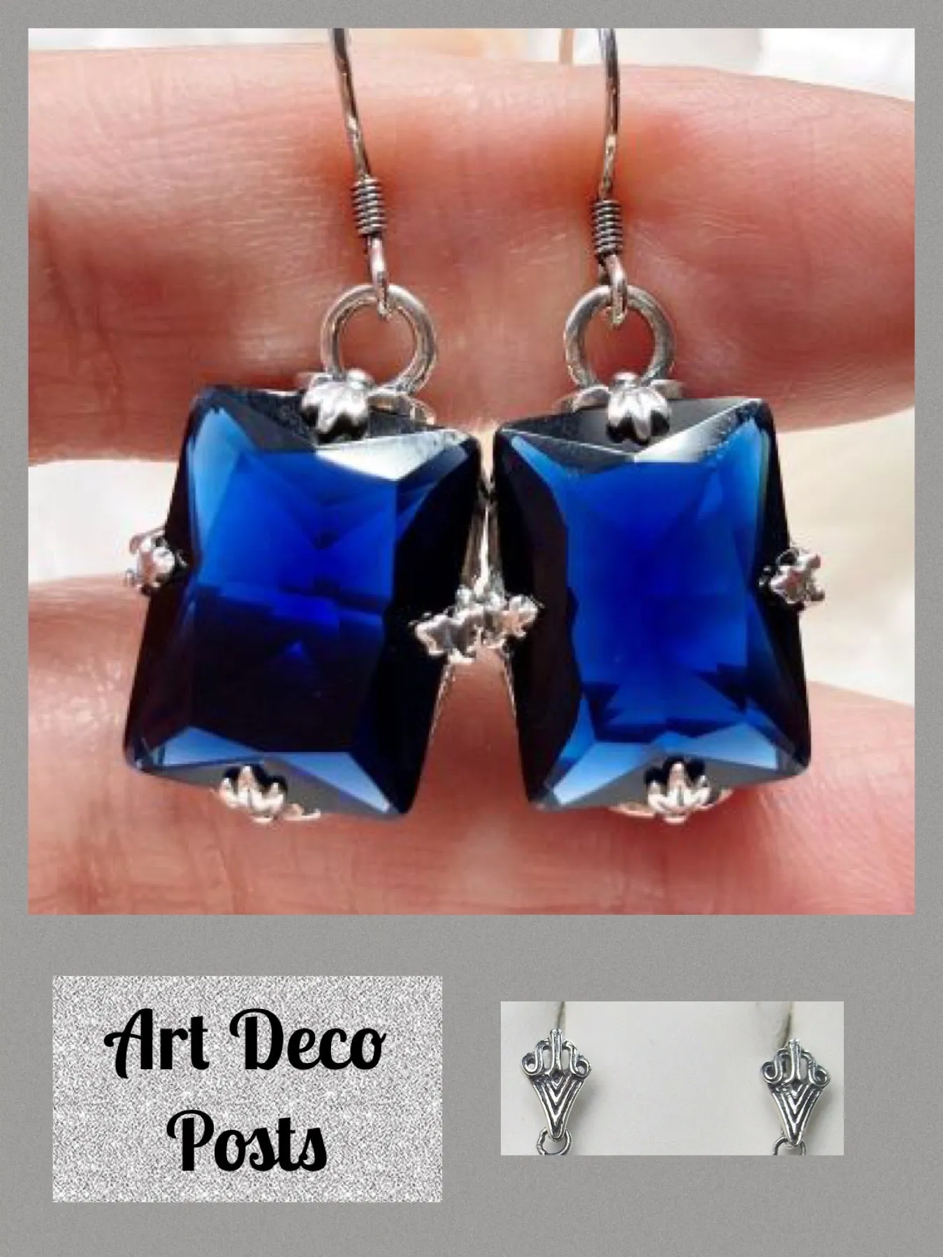 Blue Sapphire Earrings, GL Earrings, Art Deco Sterling Silver Filigree, Vintage Jewelry #E15.