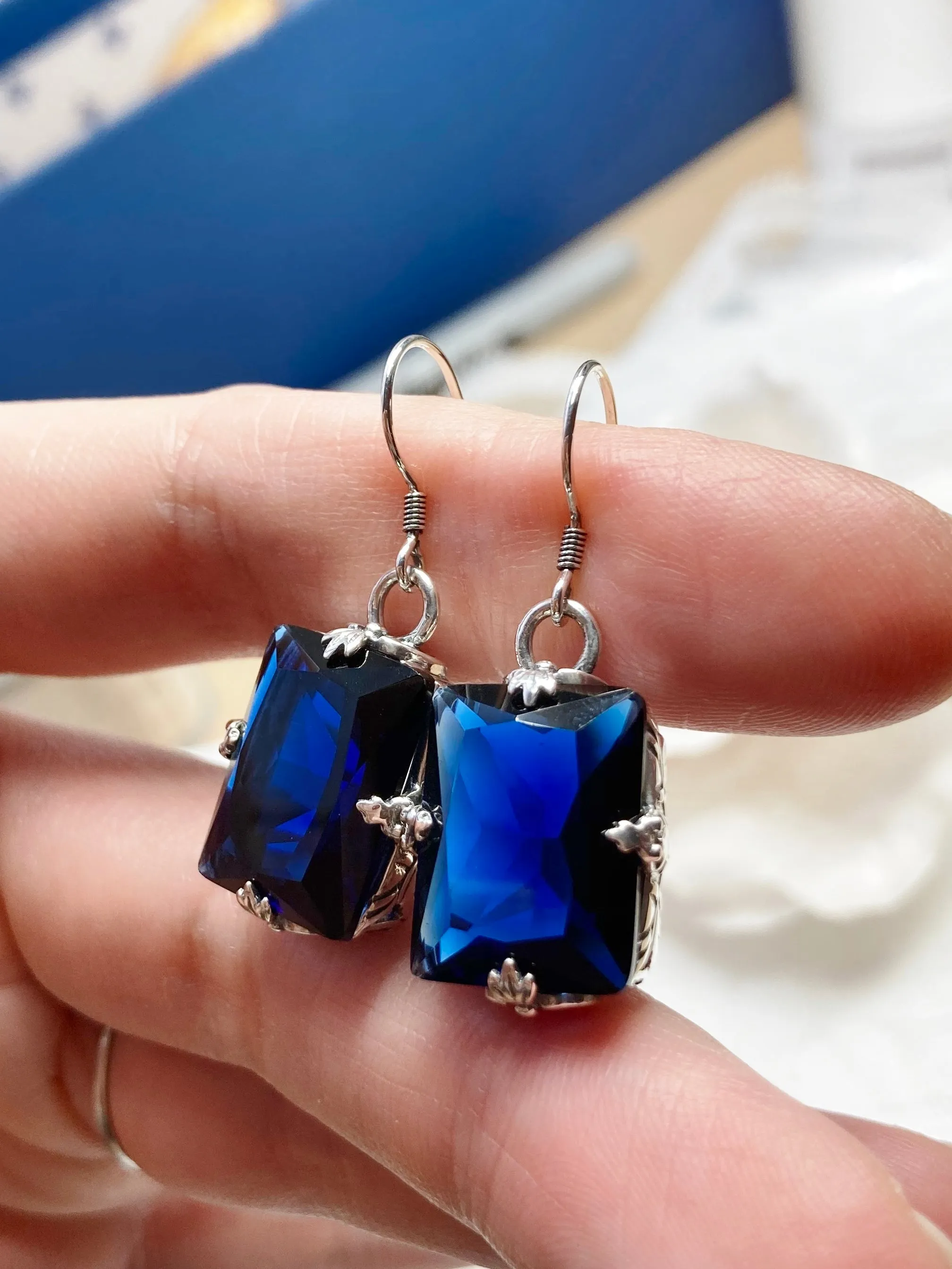 Blue Sapphire Earrings, GL Earrings, Art Deco Sterling Silver Filigree, Vintage Jewelry #E15.
