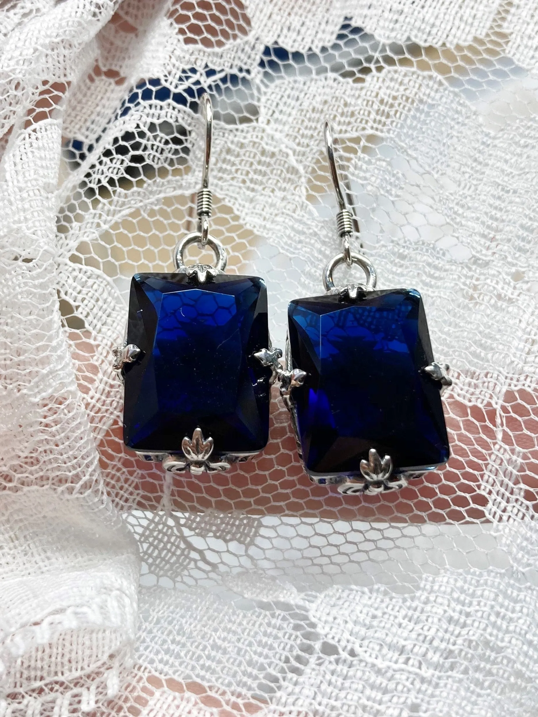 Blue Sapphire Earrings, GL Earrings, Art Deco Sterling Silver Filigree, Vintage Jewelry #E15.