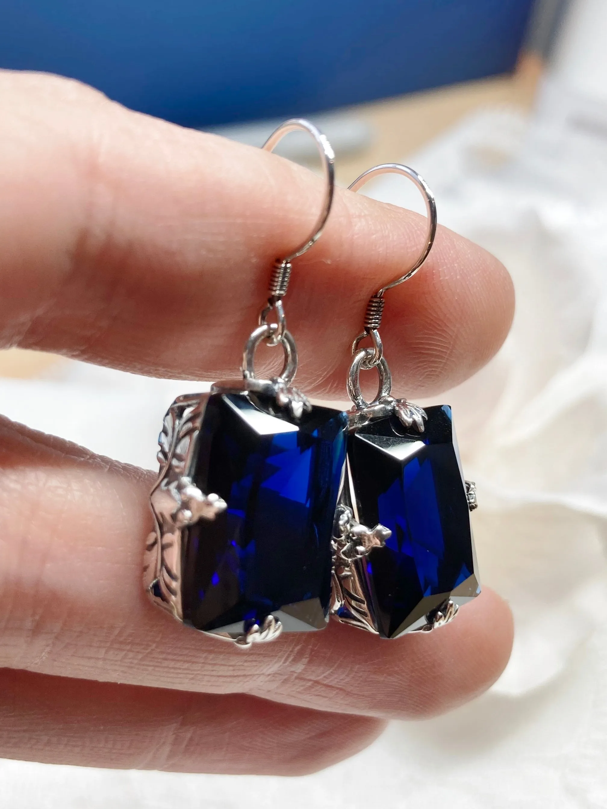 Blue Sapphire Earrings, GL Earrings, Art Deco Sterling Silver Filigree, Vintage Jewelry #E15.