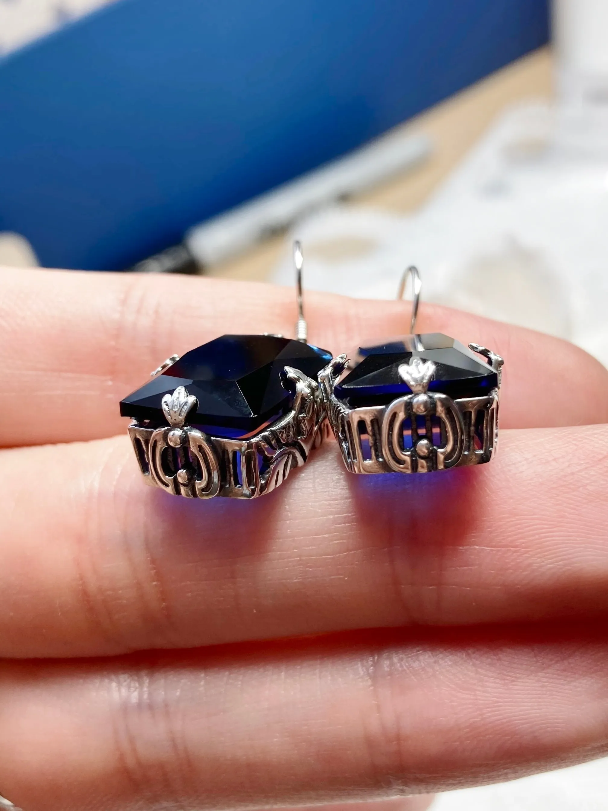 Blue Sapphire Earrings, GL Earrings, Art Deco Sterling Silver Filigree, Vintage Jewelry #E15.