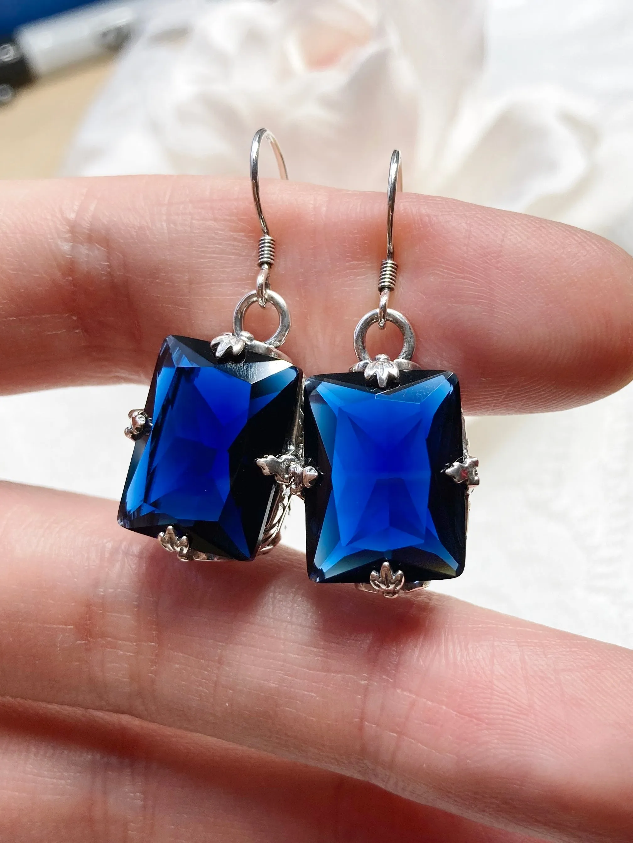 Blue Sapphire Earrings, GL Earrings, Art Deco Sterling Silver Filigree, Vintage Jewelry #E15.