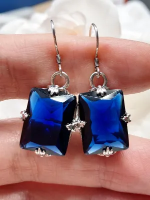 Blue Sapphire Earrings, GL Earrings, Art Deco Sterling Silver Filigree, Vintage Jewelry #E15.