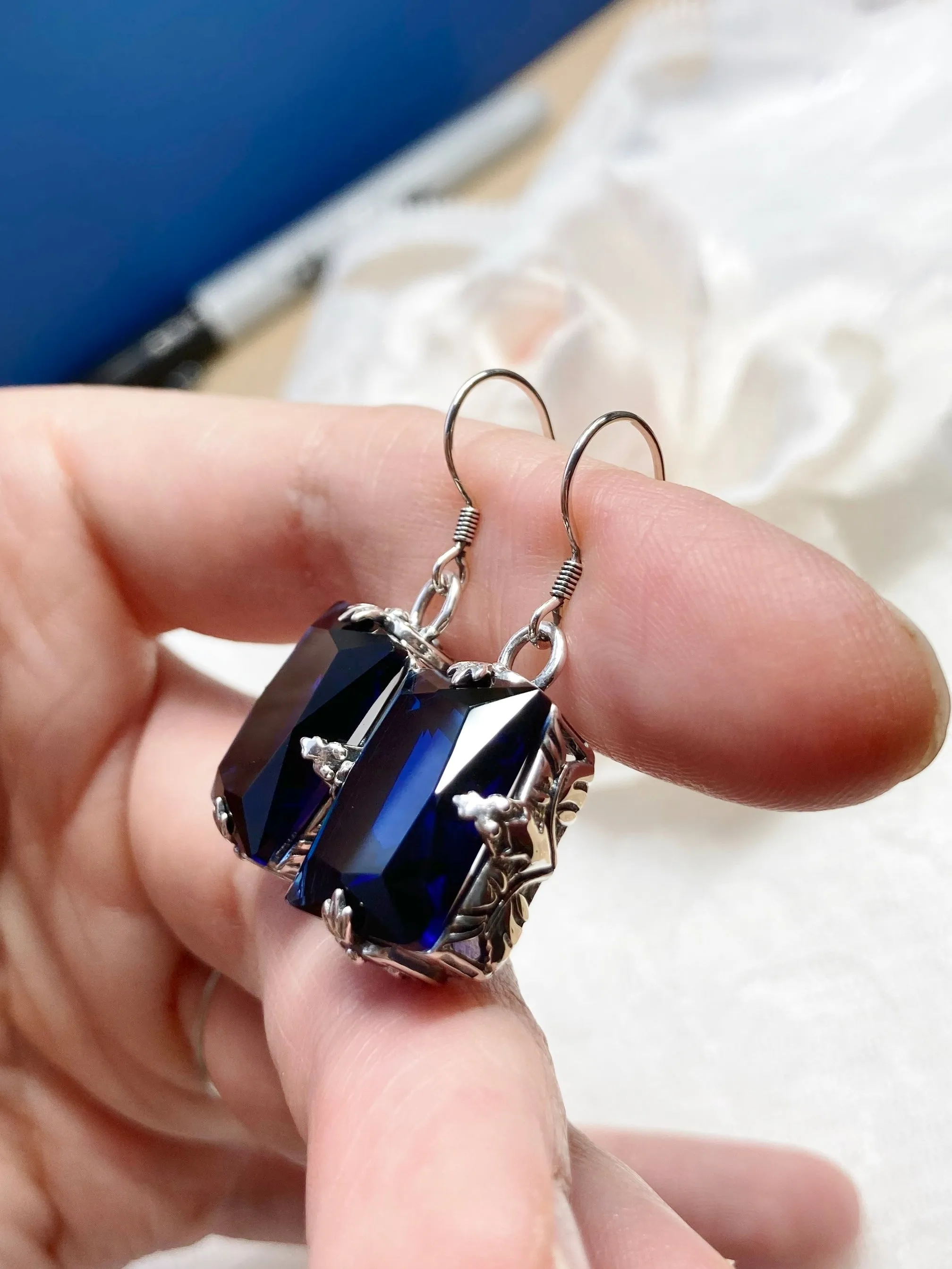 Blue Sapphire Earrings, GL Earrings, Art Deco Sterling Silver Filigree, Vintage Jewelry #E15.