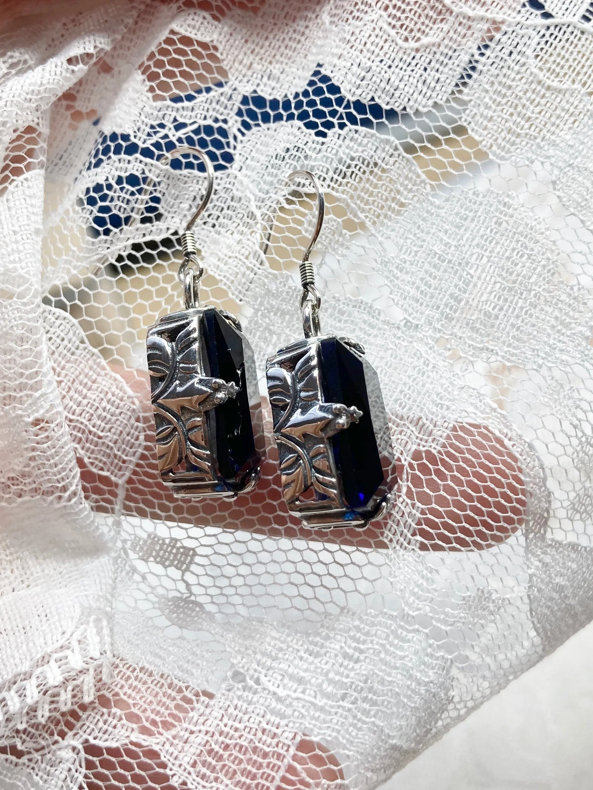 Blue Sapphire Earrings, GL Earrings, Art Deco Sterling Silver Filigree, Vintage Jewelry #E15.