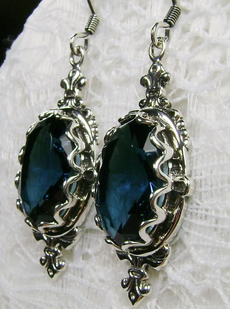 Blue Sapphire Pin Earrings, Sterling Silver or Rose Gold plated, Stylish Victorian Jewelry Design#E18