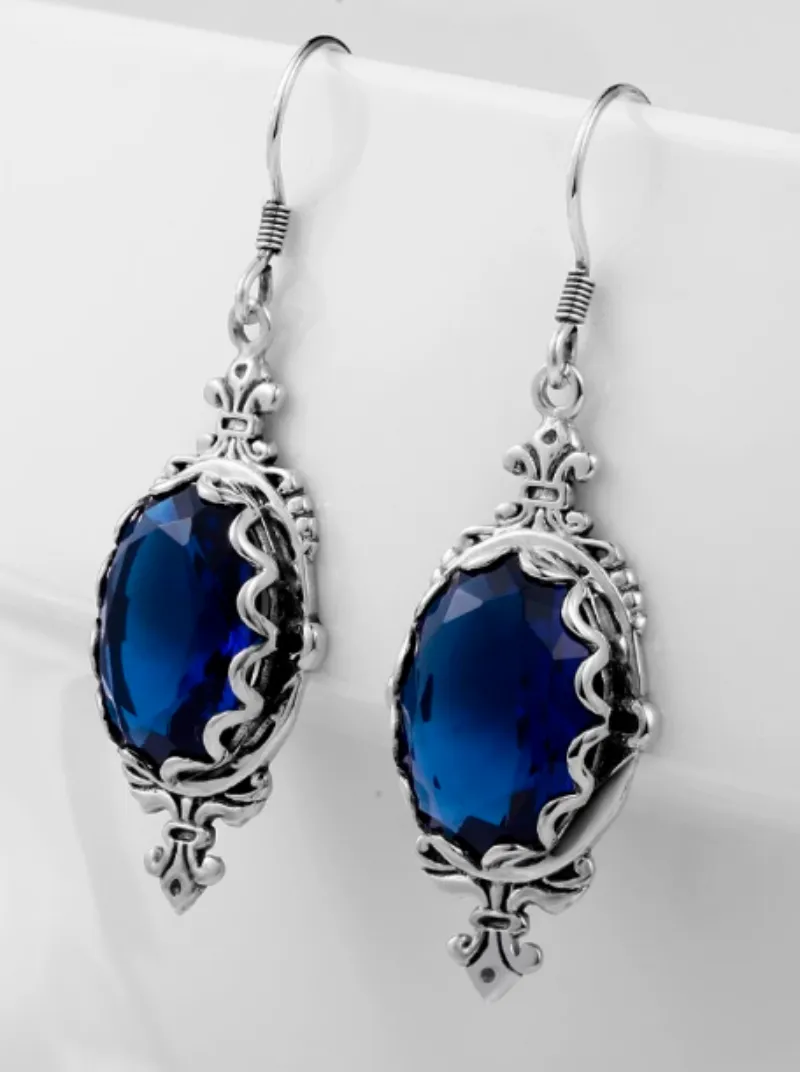 Blue Sapphire Pin Earrings, Sterling Silver or Rose Gold plated, Stylish Victorian Jewelry Design#E18