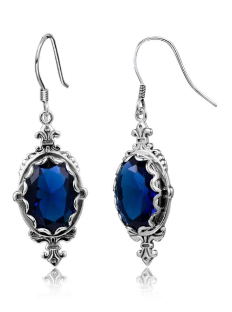 Blue Sapphire Pin Earrings, Sterling Silver or Rose Gold plated, Stylish Victorian Jewelry Design#E18