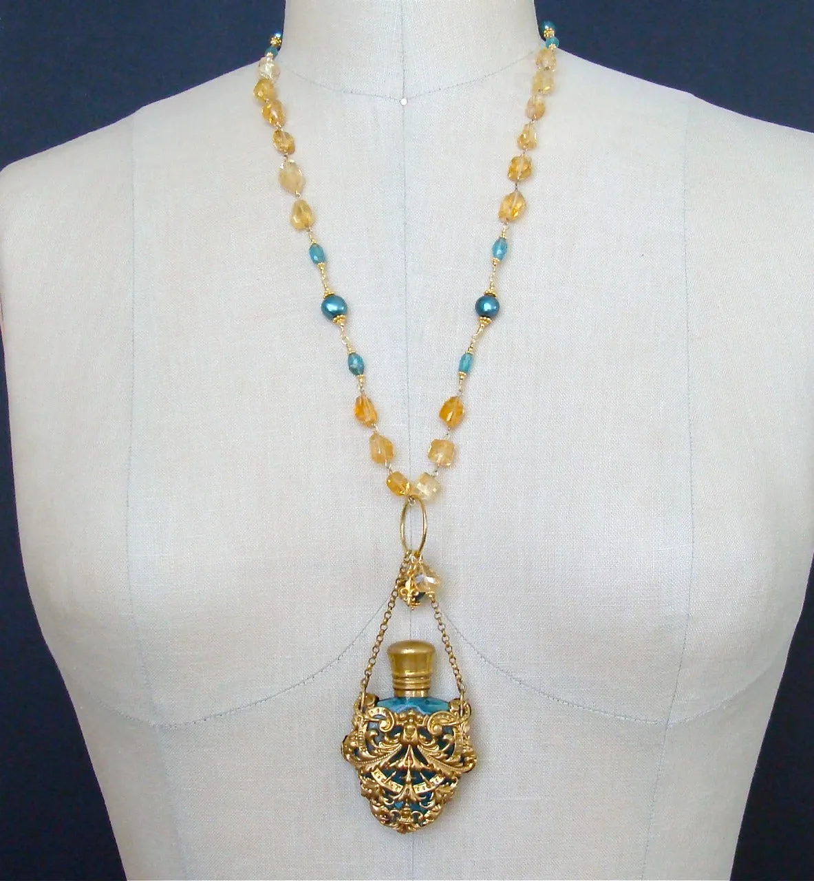 Citrine Nuggets Apatite Cartouche Chatelaine Scent Bottle Necklace - Rosalie Necklace