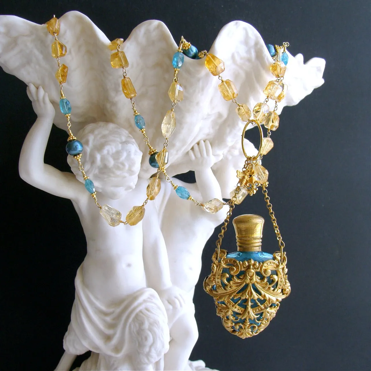 Citrine Nuggets Apatite Cartouche Chatelaine Scent Bottle Necklace - Rosalie Necklace