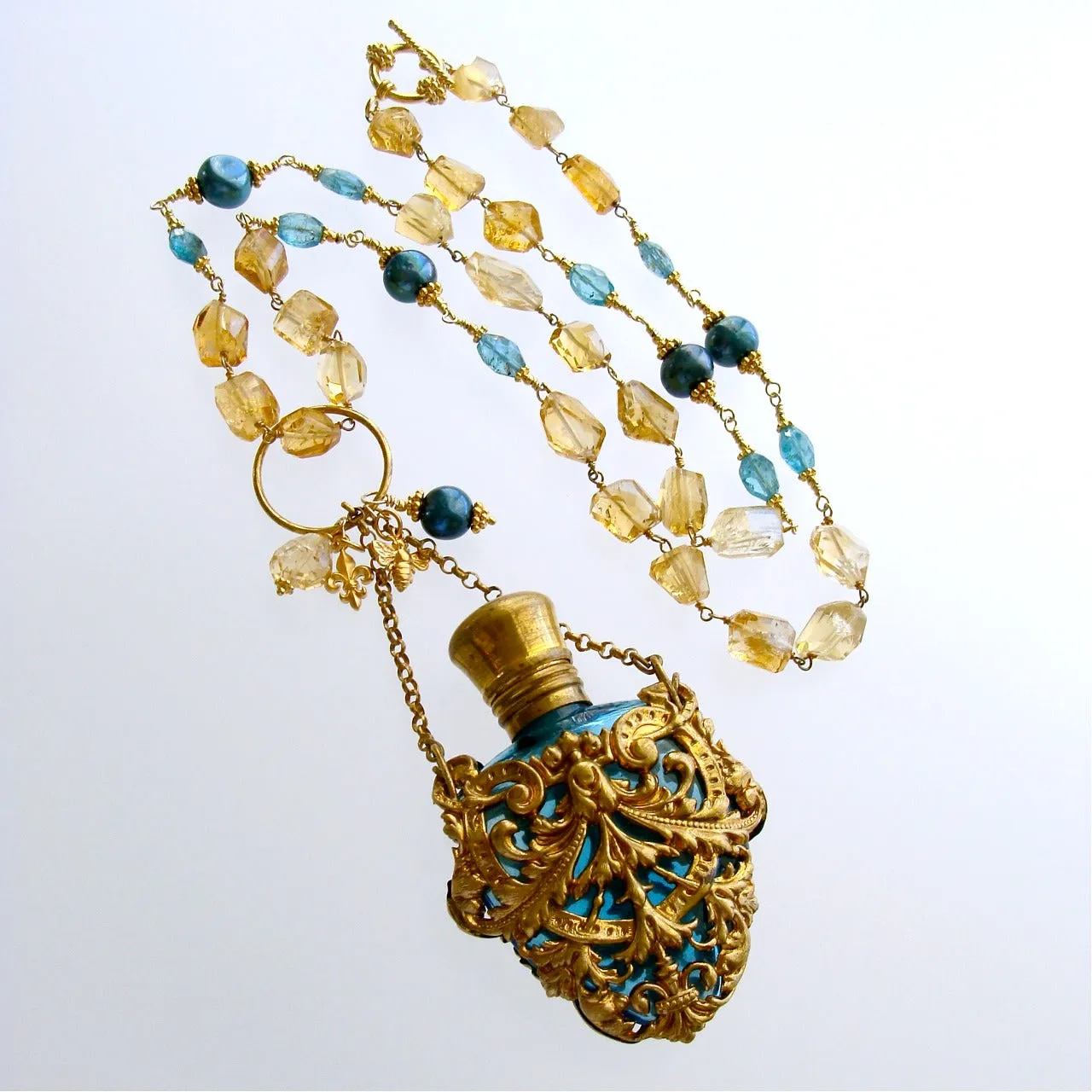 Citrine Nuggets Apatite Cartouche Chatelaine Scent Bottle Necklace - Rosalie Necklace