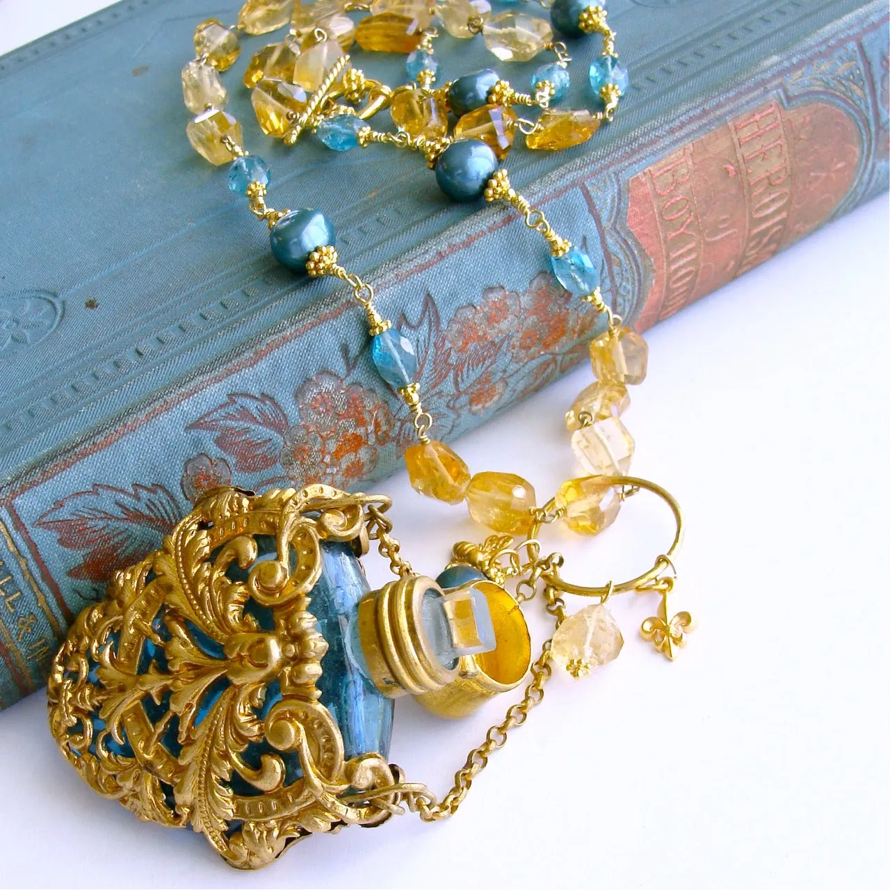 Citrine Nuggets Apatite Cartouche Chatelaine Scent Bottle Necklace - Rosalie Necklace