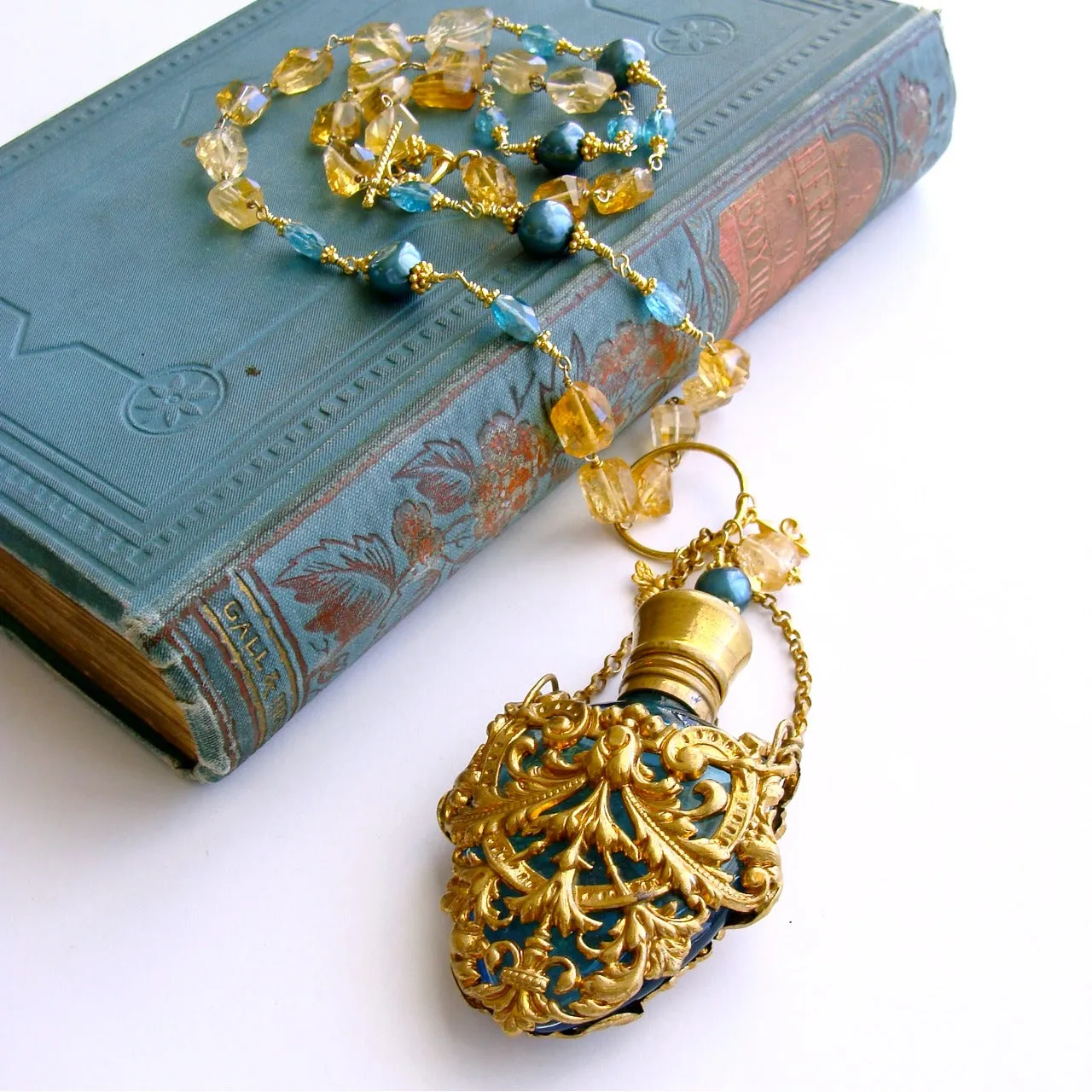Citrine Nuggets Apatite Cartouche Chatelaine Scent Bottle Necklace - Rosalie Necklace