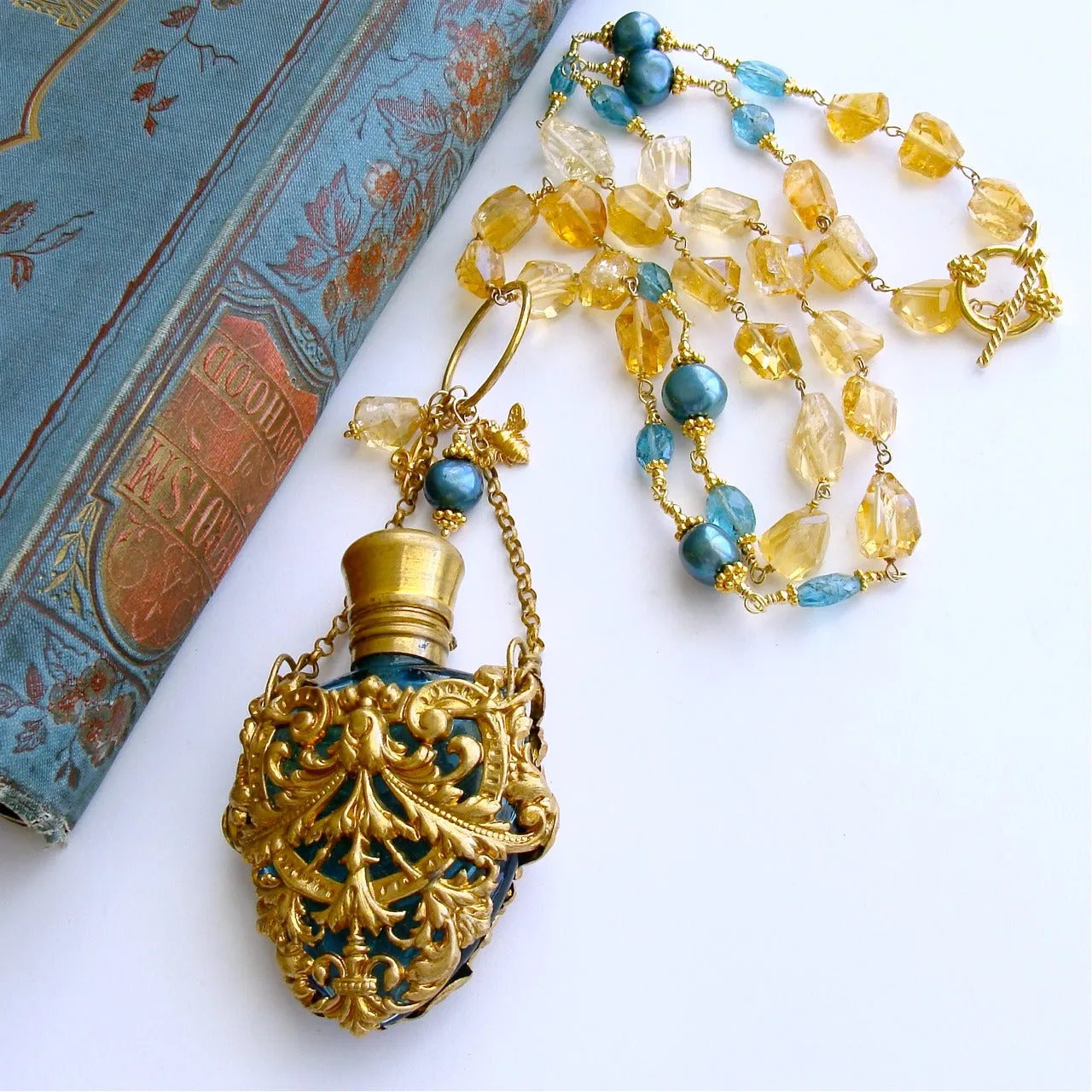 Citrine Nuggets Apatite Cartouche Chatelaine Scent Bottle Necklace - Rosalie Necklace