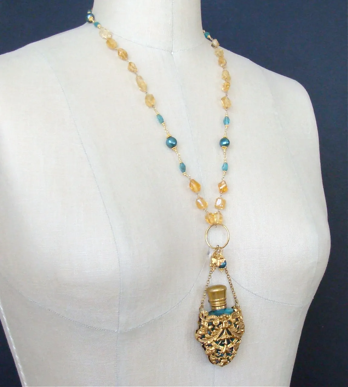 Citrine Nuggets Apatite Cartouche Chatelaine Scent Bottle Necklace - Rosalie Necklace