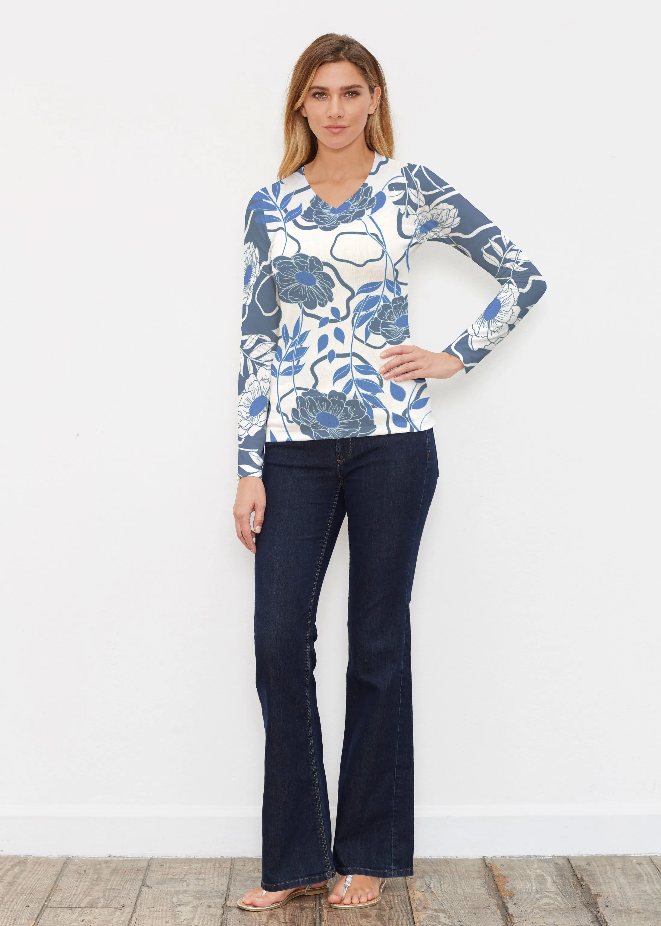 Clarrissa Navy (8138) ~ Butterknit Long Sleeve V-Neck Top