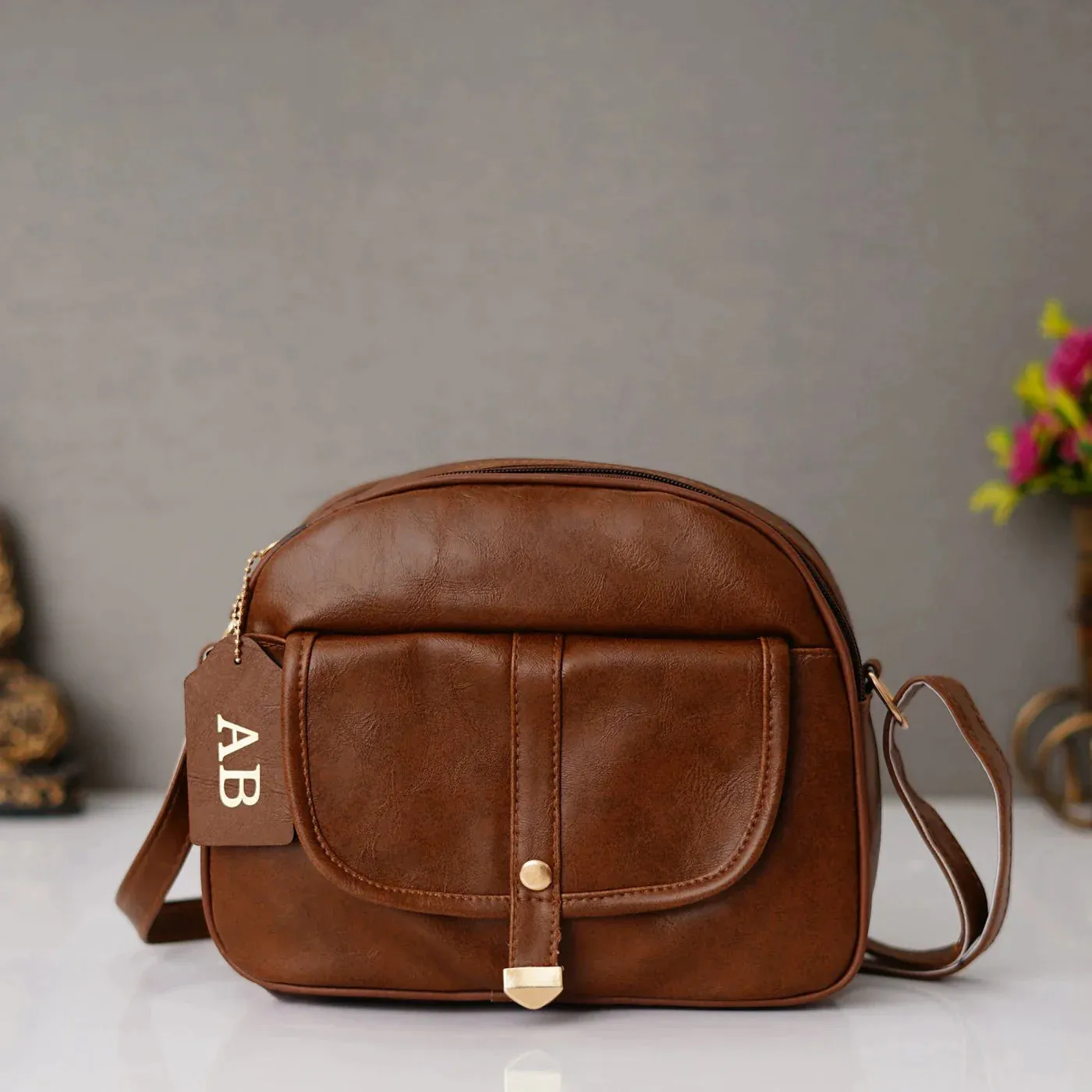 Classy Leather Customized Chain Sling Bag - Brown