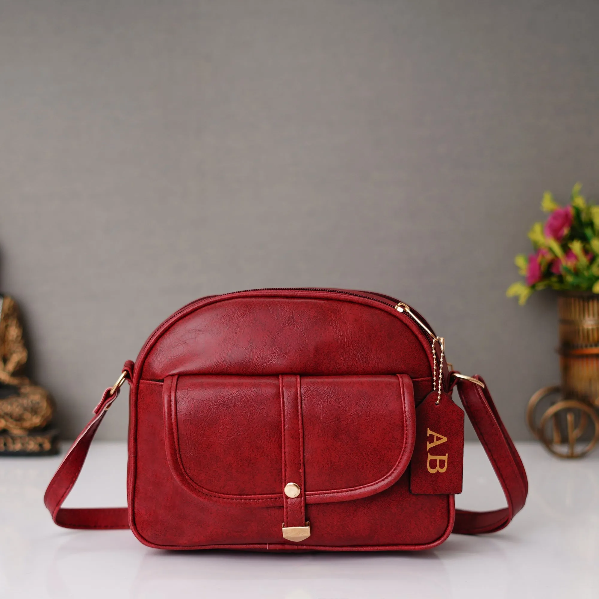 Classy Leather Customized Chain Sling Bag - Maroon
