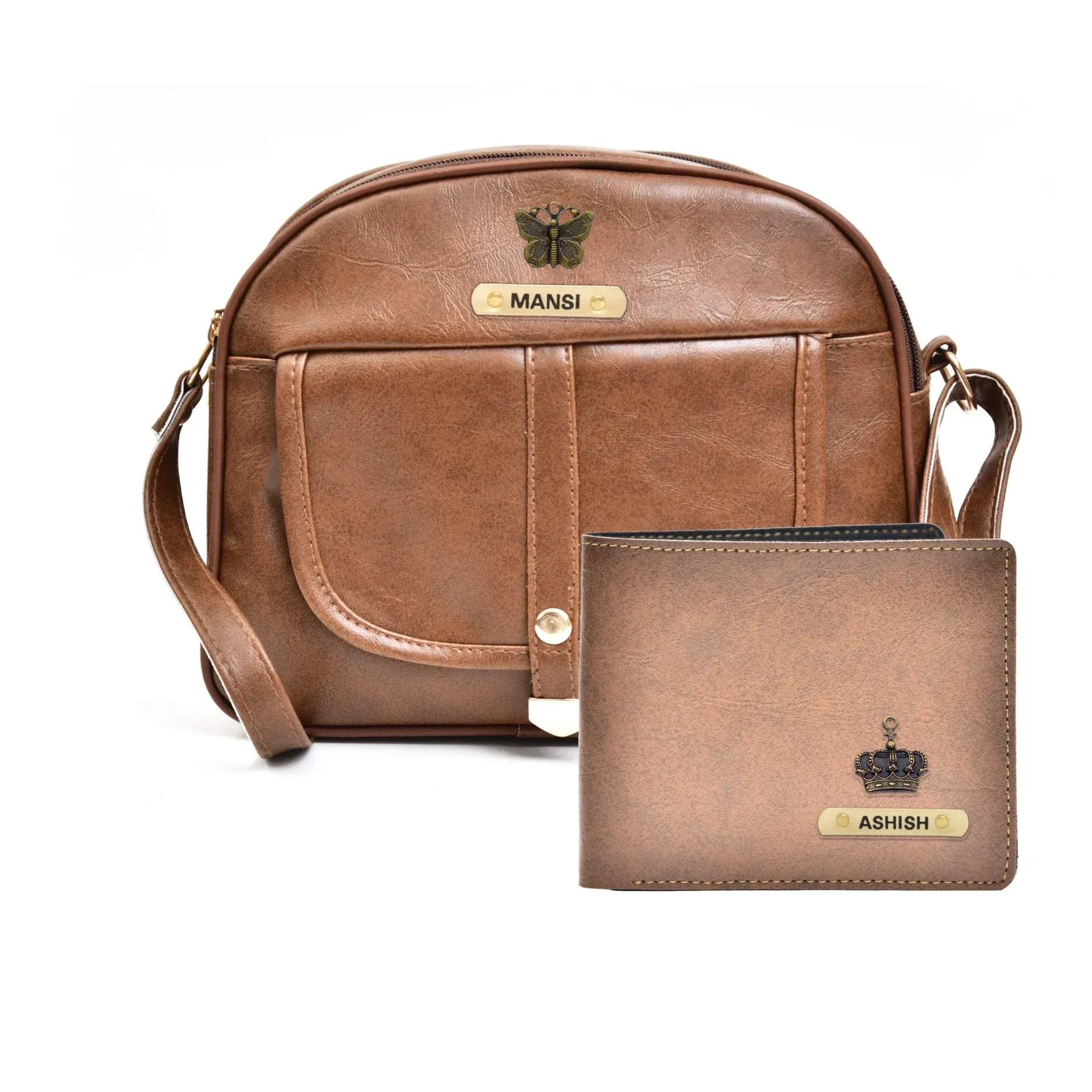 Classy Leather Customized Chain Sling Bag   Men's Wallet (Women's Combo) (Brown Brown)