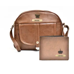 Classy Leather Customized Chain Sling Bag   Men's Wallet (Women's Combo) (Brown Brown)