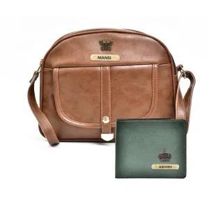Classy Leather Customized Chain Sling Bag   Men's Wallet (Women's Combo) (Brown Green)