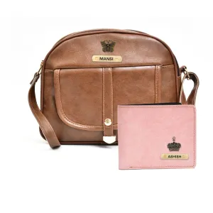 Classy Leather Customized Chain Sling Bag   Men's Wallet (Women's Combo) (Brown Light Pink)