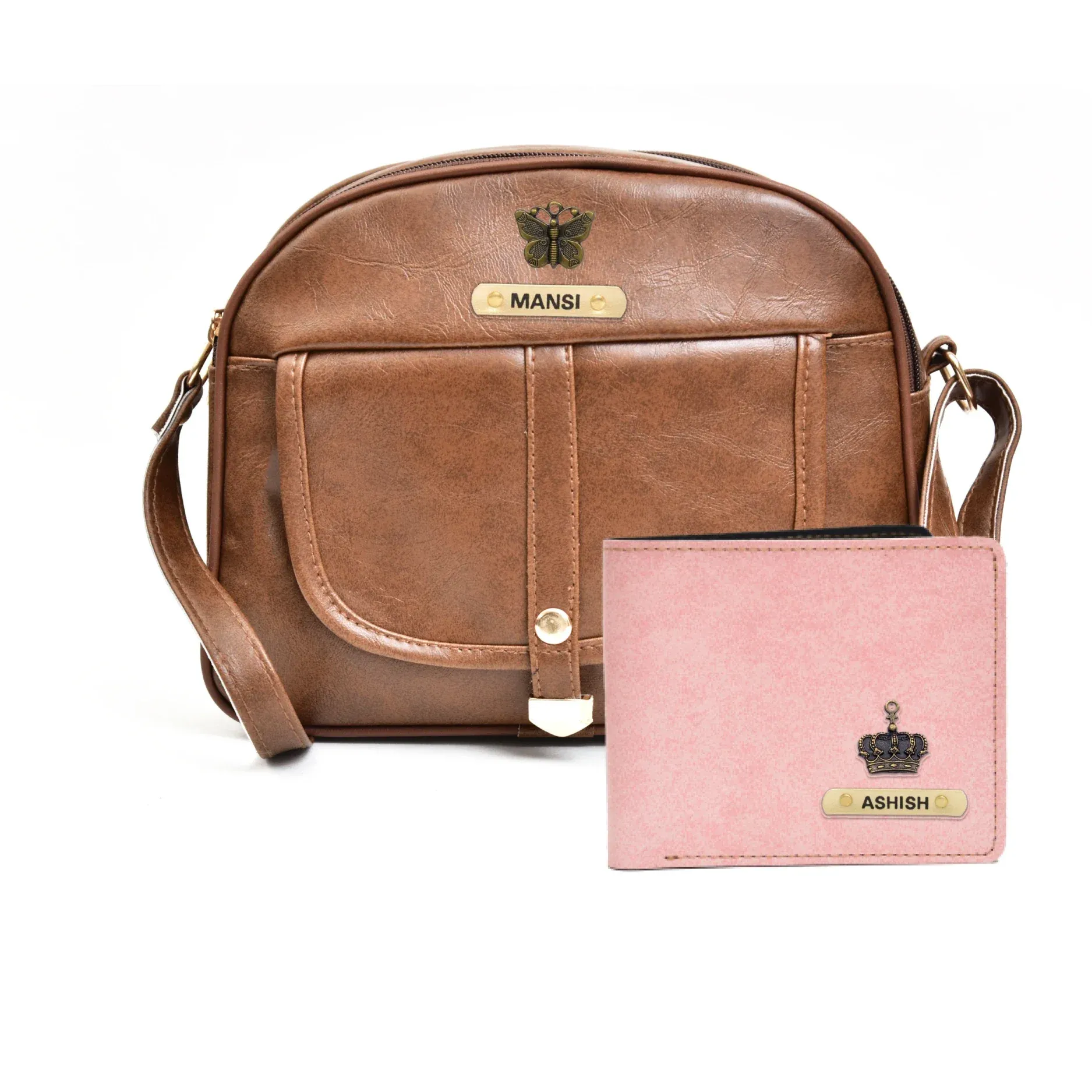 Classy Leather Customized Chain Sling Bag   Men's Wallet (Women's Combo) (Brown Light Pink)