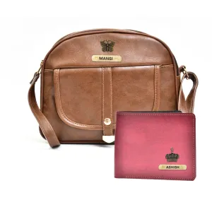 Classy Leather Customized Chain Sling Bag   Men's Wallet (Women's Combo) (Brown Maroon)