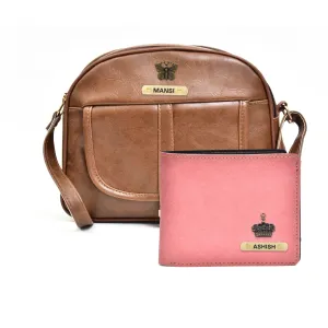 Classy Leather Customized Chain Sling Bag   Men's Wallet (Women's Combo) (Brown Peach)