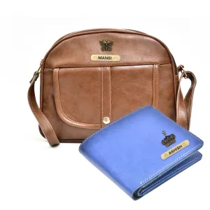 Classy Leather Customized Chain Sling Bag   Men's Wallet (Women's Combo) (Brown Royal Blue)