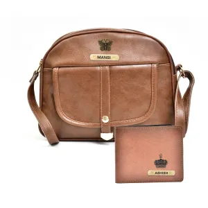 Classy Leather Customized Chain Sling Bag   Men's Wallet (Women's Combo) (Brown Tan)