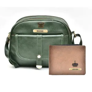 Classy Leather Customized Chain Sling Bag   Men's Wallet (Women's Combo) (Green Brown)
