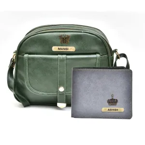 Classy Leather Customized Chain Sling Bag   Men's Wallet (Women's Combo) (Green Grey)
