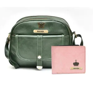 Classy Leather Customized Chain Sling Bag   Men's Wallet (Women's Combo) (Green Light Pink)