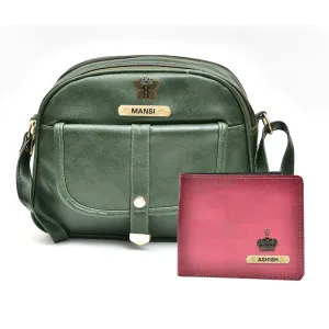 Classy Leather Customized Chain Sling Bag   Men's Wallet (Women's Combo) (Green Maroon)