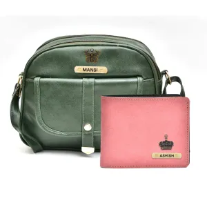 Classy Leather Customized Chain Sling Bag   Men's Wallet (Women's Combo) (Green Peach)