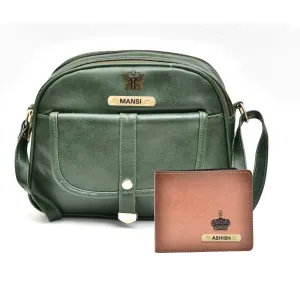 Classy Leather Customized Chain Sling Bag   Men's Wallet (Women's Combo) (Green Tan)