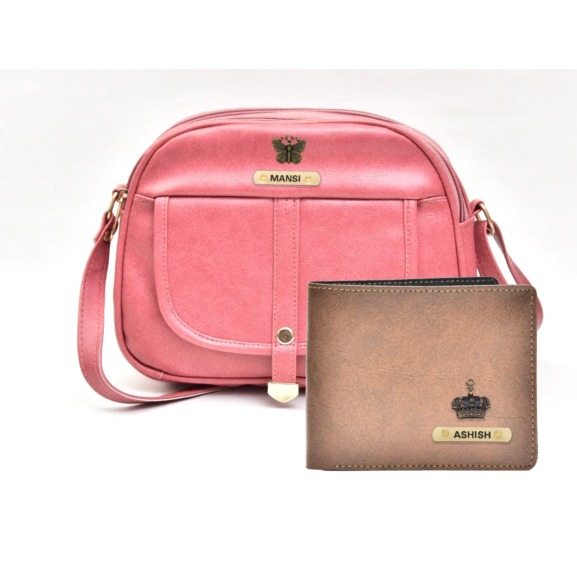 Classy Leather Customized Chain Sling Bag   Men's Wallet (Women's Combo) (Peach Brown)