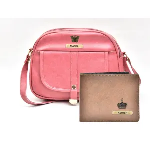 Classy Leather Customized Chain Sling Bag   Men's Wallet (Women's Combo) (Peach Brown)