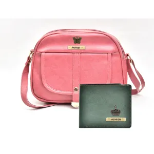 Classy Leather Customized Chain Sling Bag   Men's Wallet (Women's Combo) (Peach Green)