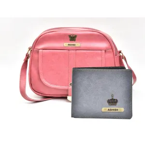 Classy Leather Customized Chain Sling Bag   Men's Wallet (Women's Combo) (Peach Grey)