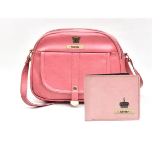 Classy Leather Customized Chain Sling Bag   Men's Wallet (Women's Combo) (Peach Light Pink)