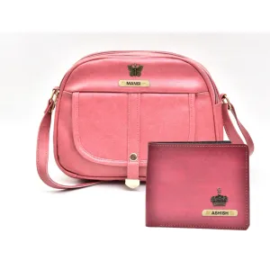 Classy Leather Customized Chain Sling Bag   Men's Wallet (Women's Combo) (Peach Maroon)