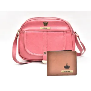 Classy Leather Customized Chain Sling Bag   Men's Wallet (Women's Combo) (Peach Tan)