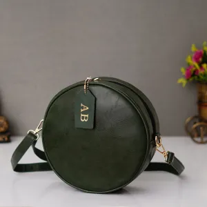 Classy Leather Customized Chain Sling Bag Round - Olive Green